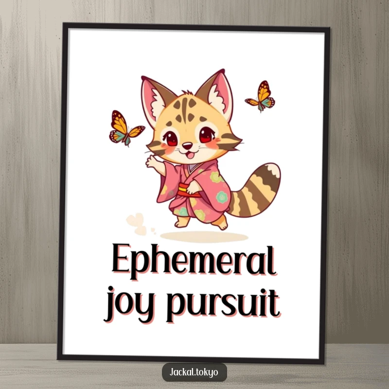 Funny playful jackal in a colorful kimono chasing a butterfly, presented as whimsical art on a poster.