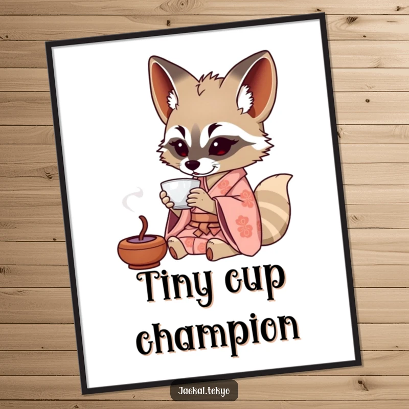 Funny Jackal Poster: A jackal in a patterned kimono sips tea from a tiny cup, creating an amusing and artful wall display.