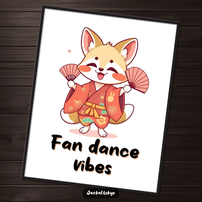 Funny kawaii jackal poster, performing a fan dance, colorful kimono, joyful arctic art, charming wall decor.