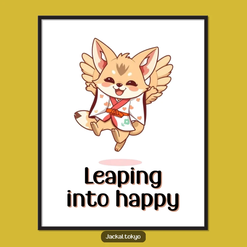 Funny Kawaii Jackal Leaping Art Poster: Festive Wings, Dynamic Funny Gift