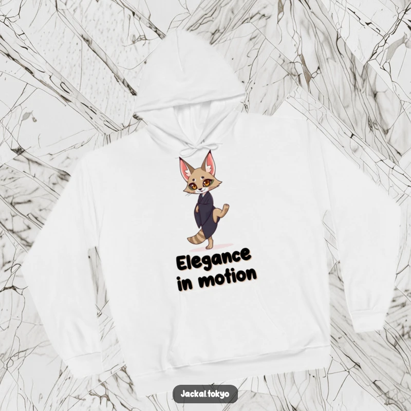 Funny graceful jackal in a dark kimono balancing on one leg, featured on a cozy hoodie, exuding tranquility.
