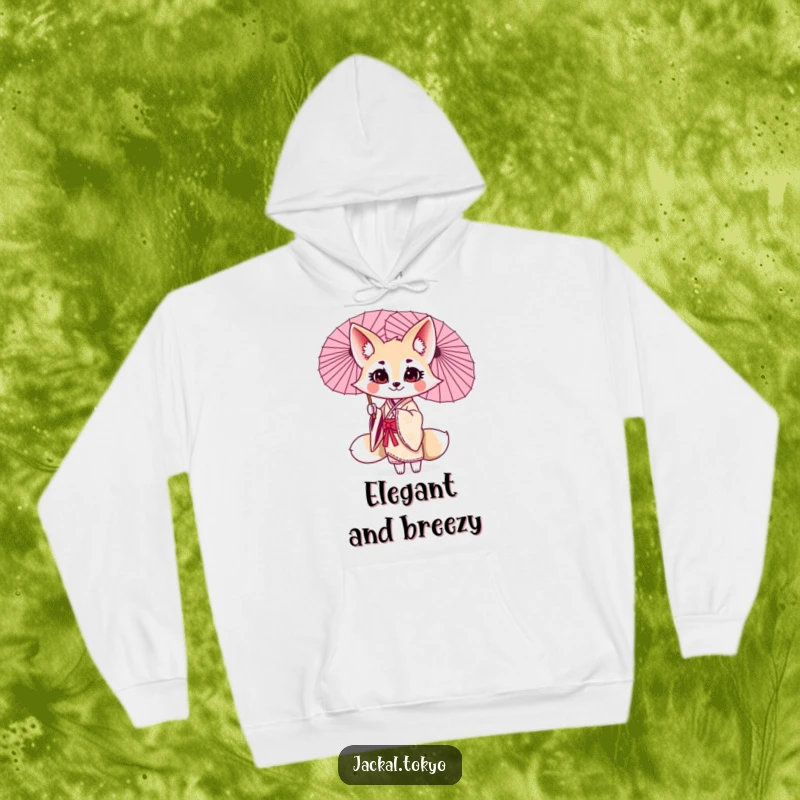 Funny kawaii jackal hoodie, twirling a parasol, elegant kimono, cozy arctic apparel, soft fleece.