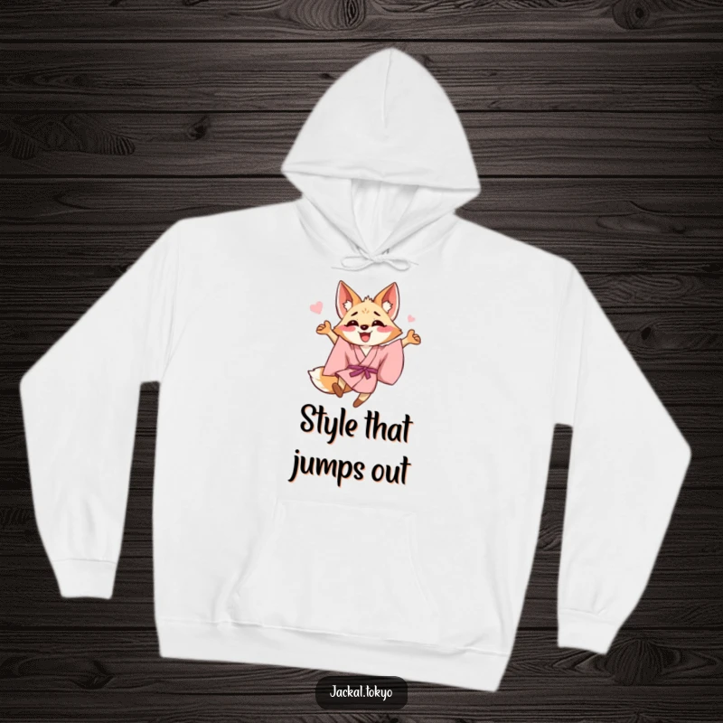 Funny happy jackal in a pink kimono leaping with joy, featured on a cozy hoodie, perfect for expressing celebration.