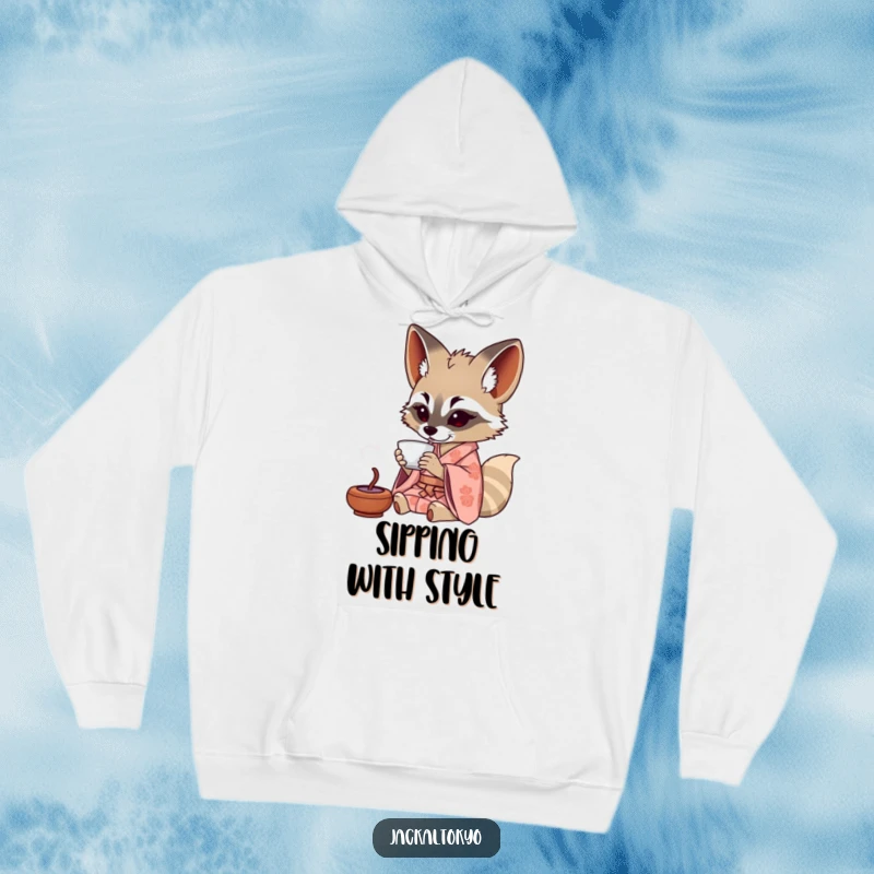 Funny Jackal Hoodie: A jackal in a patterned kimono sips tea from a tiny cup, providing cozy comfort and a humorous visual.