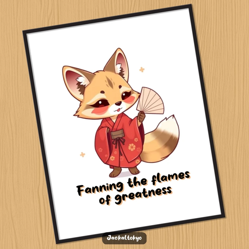 Funny Free Printable Wall Art: A jackal in a striking red kimono gracefully twirling a delicate fan.