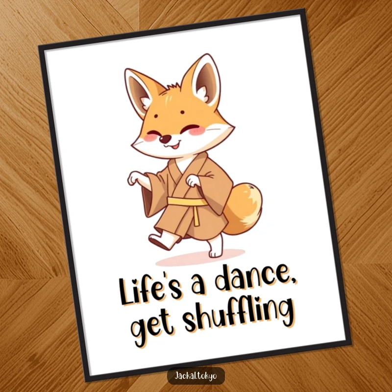 Humorous Free Printable Wall Art: A jackal in a brown kimono joyfully performing a shuffle dance, adding fun to any decor.