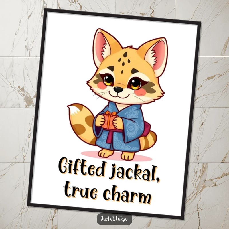 Funny Free Printable Wall Art: Adorable Jackal in Ornate Blue Kimono Presenting a Small Wrapped Gift Nicely