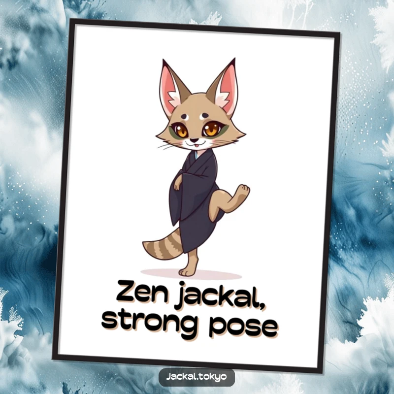 Funny Free Printable Wall Art: Graceful Jackal in Dark Kimono Standing on One Leg in Perfect Equilibrium