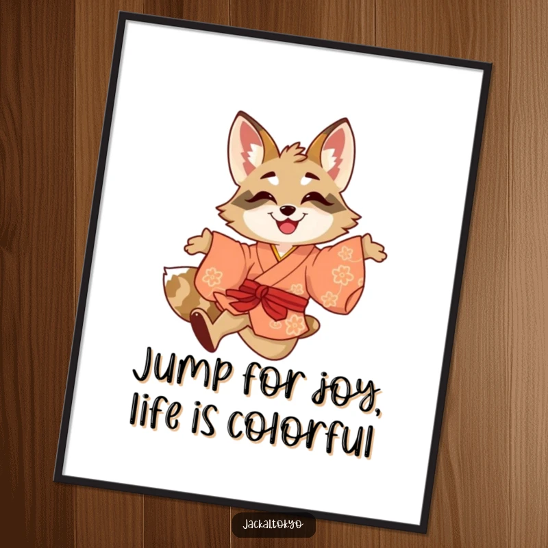 Funny Free Printable Wall Art: A smiling jackal in a brightly colored kimono captured mid-leap with infectious energy.