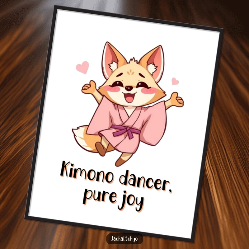Funny Free Printable Wall Art: Dynamic Jackal in a Pink Kimono Executing a Joyful Leap with Grace