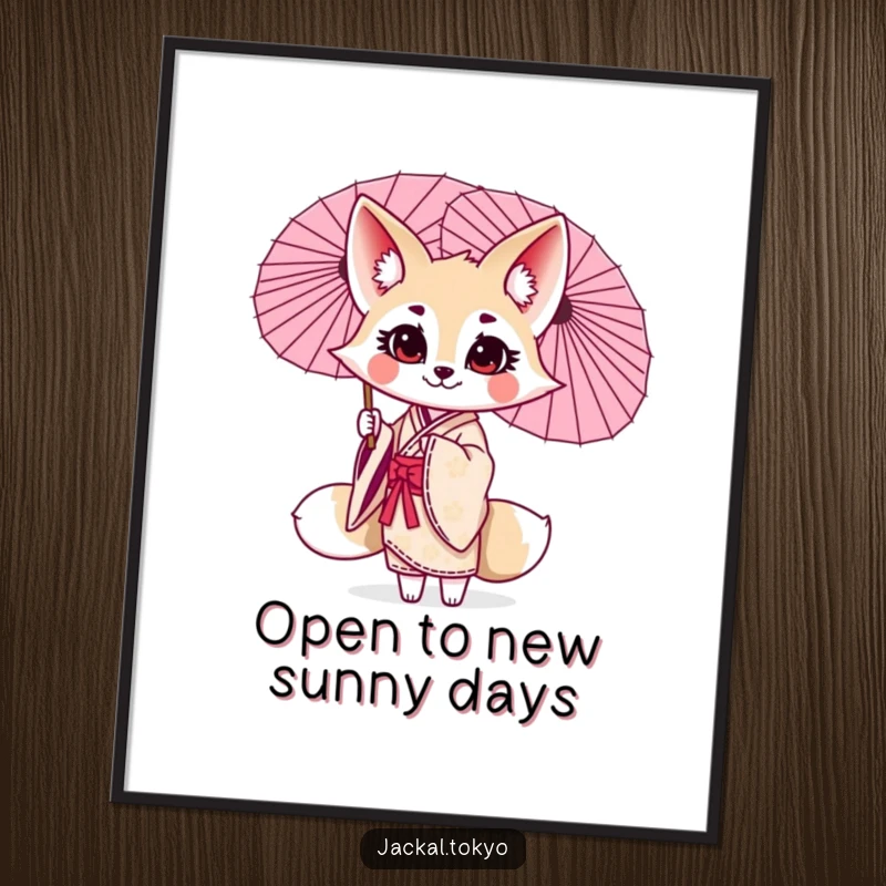 Funny Free Printable Wall Art: A kawaii jackal in an elegant kimono playfully twirling a parasol, exuding sophisticated charm.