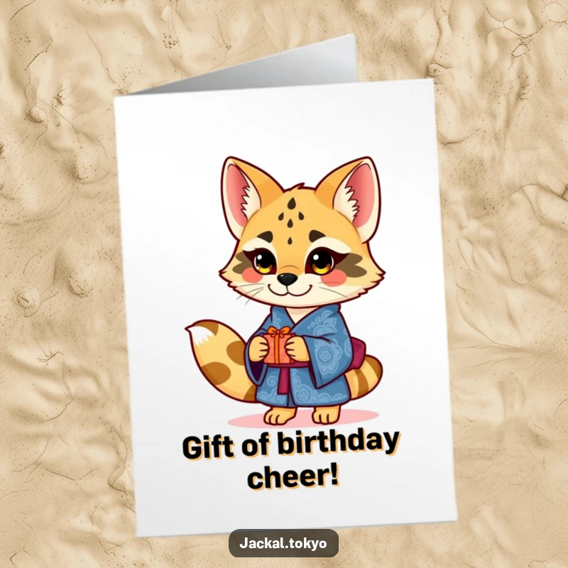 Funny Free Printable Birthday Card: Charming Jackal in Ornate Blue Kimono Offering a Small Gift Kindly