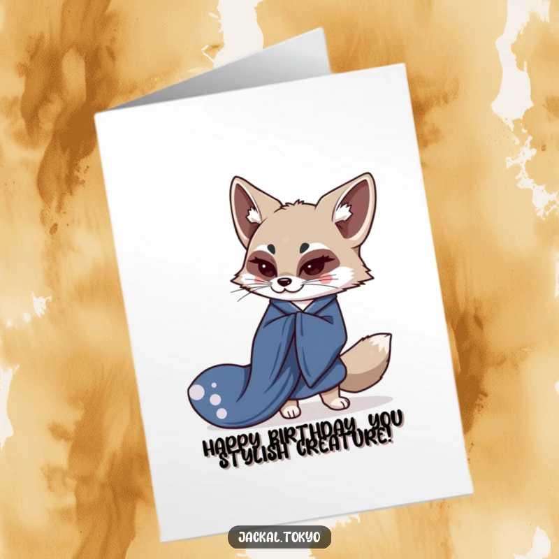 Funny Free Printable Birthday Card: A kawaii jackal in an indigo kimono gracefully bowing with a subtle smile.