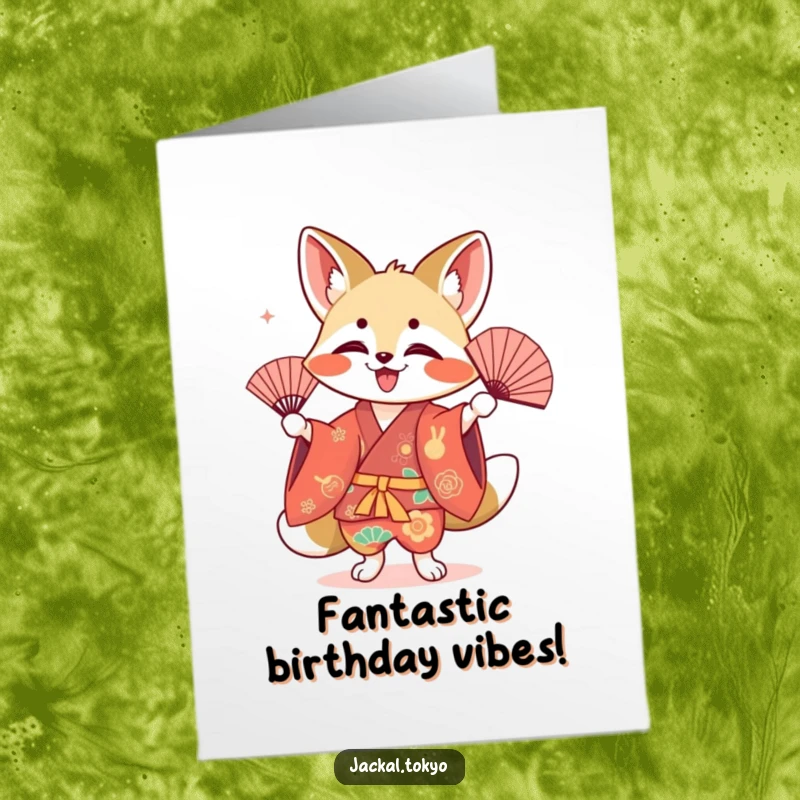 Funny Free Printable Birthday Card: Kawaii jackal in a colorful kimono joyfully performing a fan dance, radiating happiness and grace.