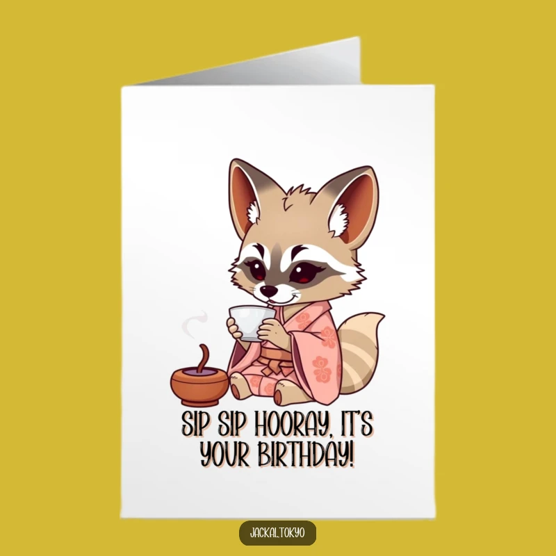 Free Printable Jackal Tea Time Birthday Card - Funny Downloadable Greeting for Relaxed Celebrations