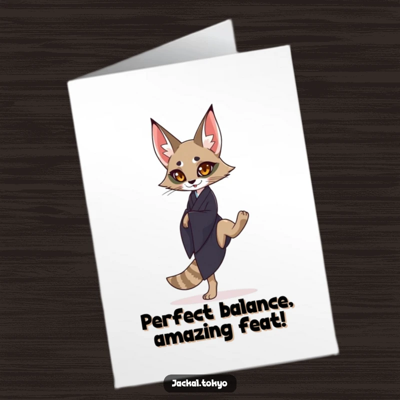 Funny Free Printable Congratulations Card: Elegant Jackal in Dark Kimono Standing Tall on One Leg