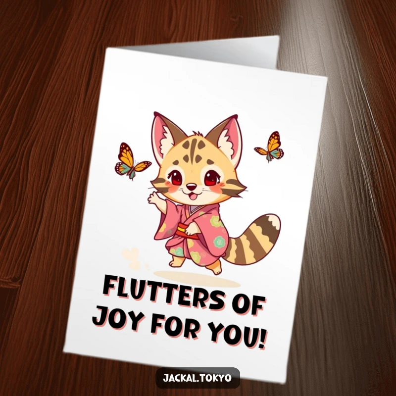 Funny Free Printable Congratulations Card: Joyful Jackal in Colorful Kimono Enthusiastically Chasing a Butterfly