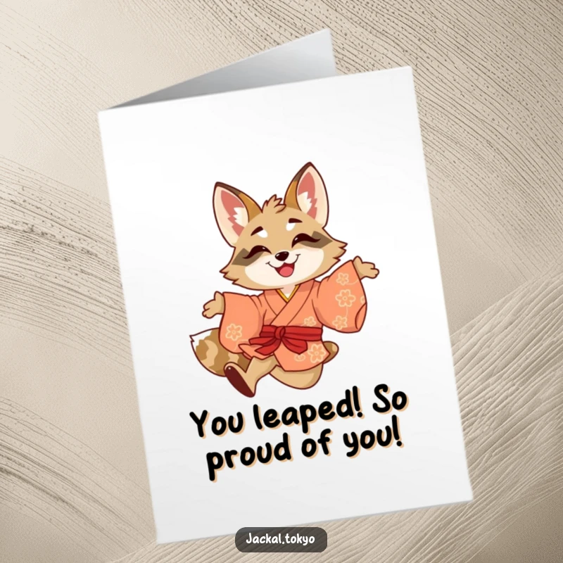 Funny Free Printable Congrats Card: A smiling jackal in a vibrant kimono leaping with excitement, celebrating an achievement.
