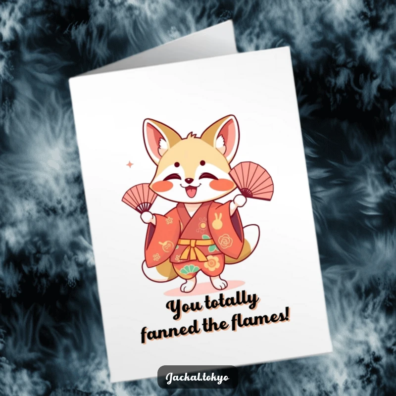 Funny Free Printable Congratulations Card: A kawaii jackal in a vibrant kimono performing an elegant fan dance, celebrating a wonderful achievement.