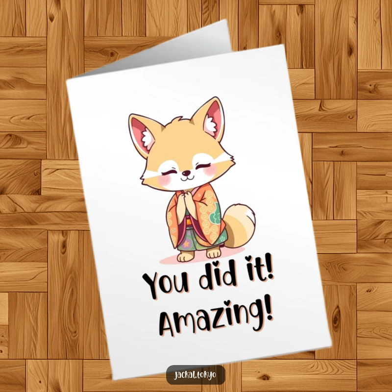 Funny Free Printable Congrats Card: A kawaii jackal in a vibrant kimono bowing gracefully to celebrate.