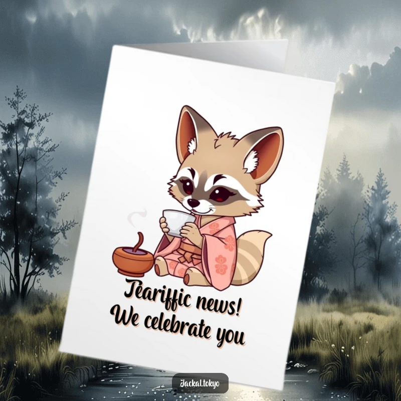 Funny Free Printable Congratulations Card showing a jackal in a patterned kimono enjoying tea from a tiny cup, celebrating calmly.