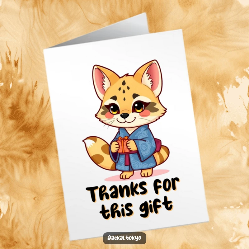 Funny Free Printable Thank You Card: Charming Jackal in Ornate Blue Kimono Offering a Tiny Gift Gracefully