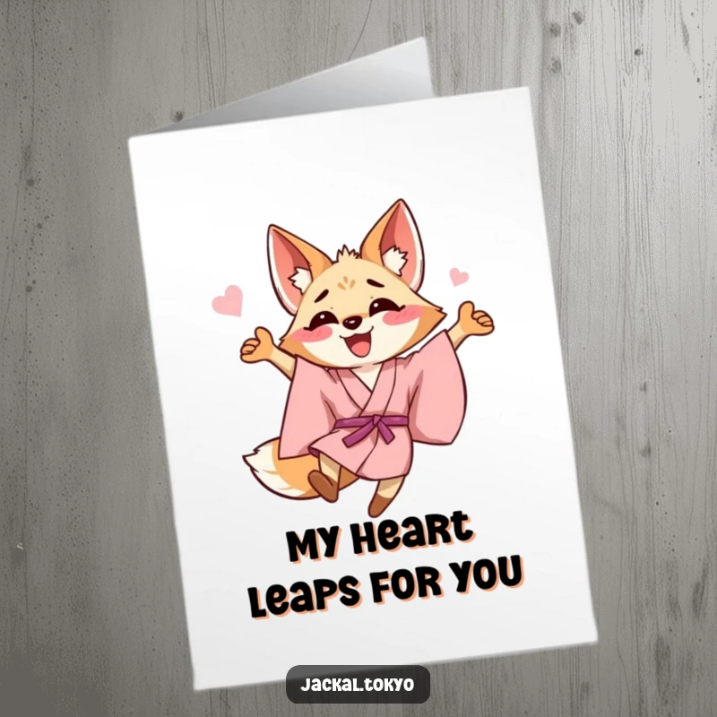 Funny Free Printable Thank You Card: Energetic Jackal in Pink Kimono Mid-Leap Showing Thanks