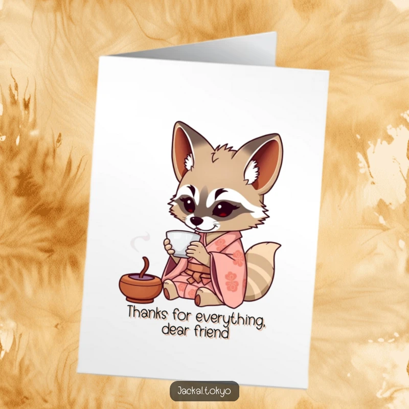 Funny Free Printable Thank You Card featuring a jackal in a patterned kimono gracefully sipping tea from a miniature cup.