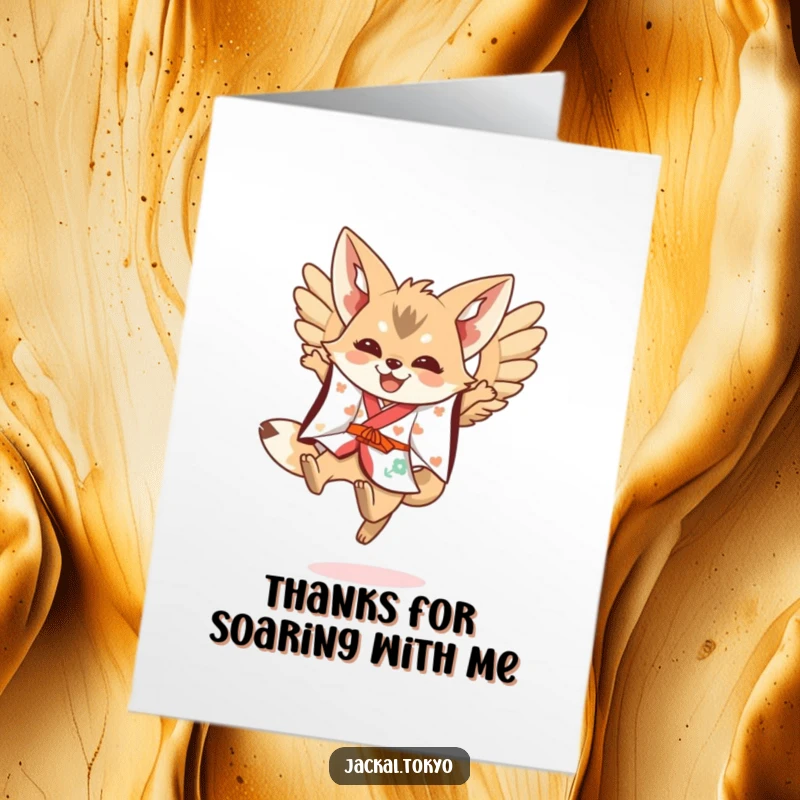Funny Free Printable Thank You Card: Kawaii jackal in a festive kimono leaping joyfully with wings spread, full of thanks.