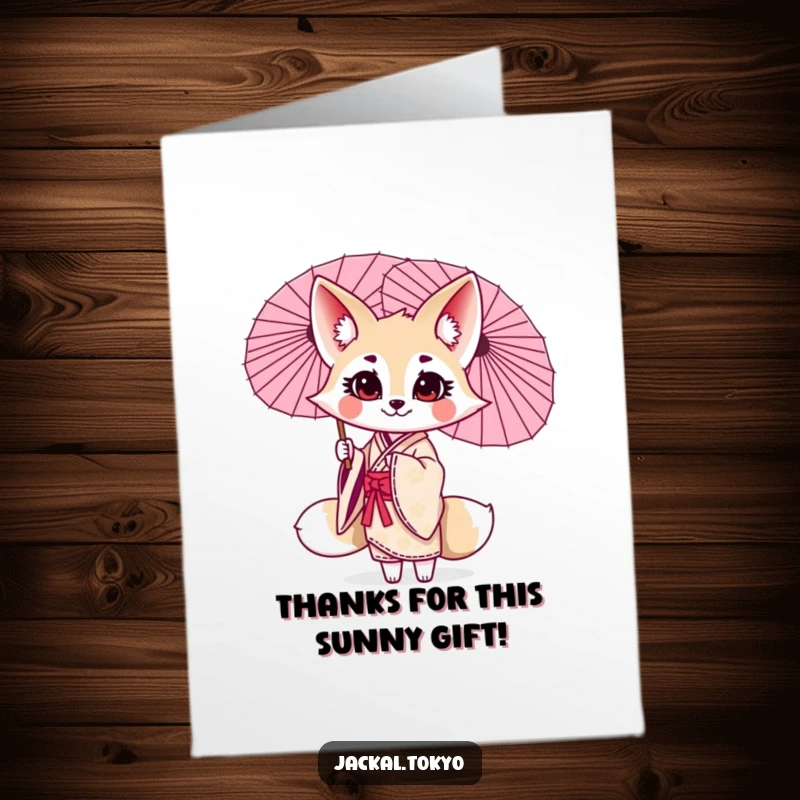 Funny Free Printable Thank You Card: Kawaii jackal in an elegant kimono playfully twirling a parasol, sending chic thanks.