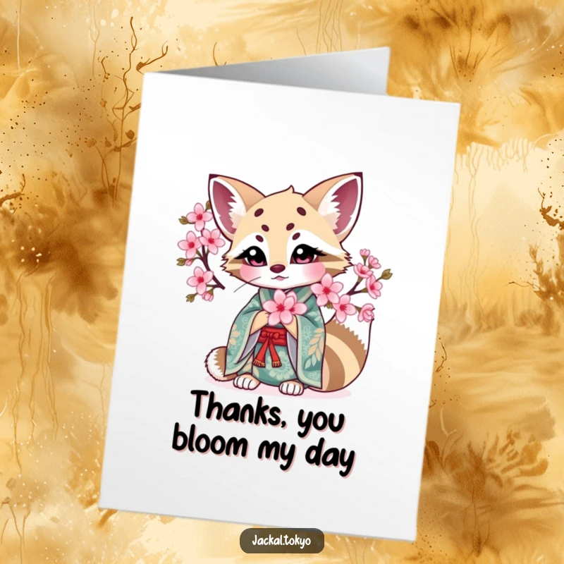Funny Free Printable Thank You Card: Kawaii jackal in intricate kimono holding a blooming cherry blossom, conveying thanks.