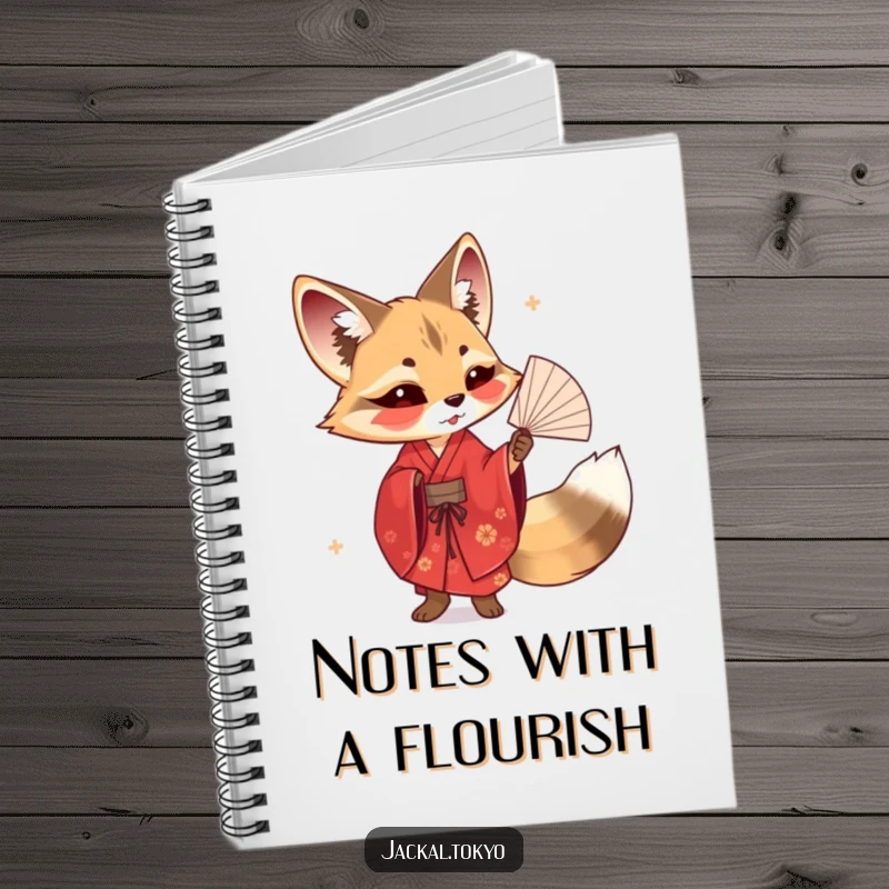 Funny notebook featuring a jackal in a red kimono elegantly twirling a delicate fan, perfect for jotting notes with artistic flair.