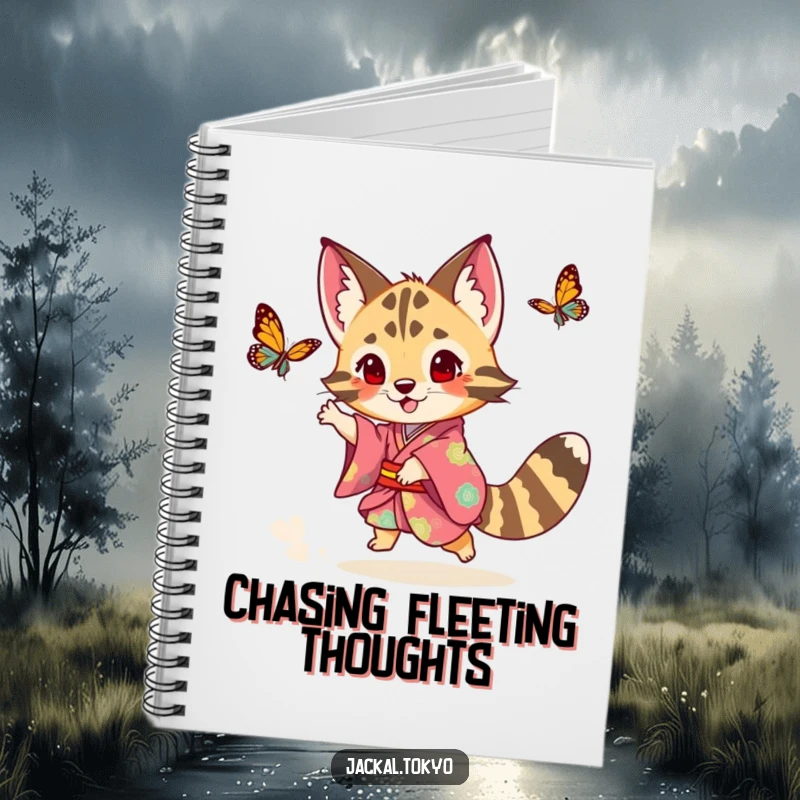 Funny playful jackal in a colorful kimono chasing a butterfly, depicted on a notebook cover, encouraging playful writing.