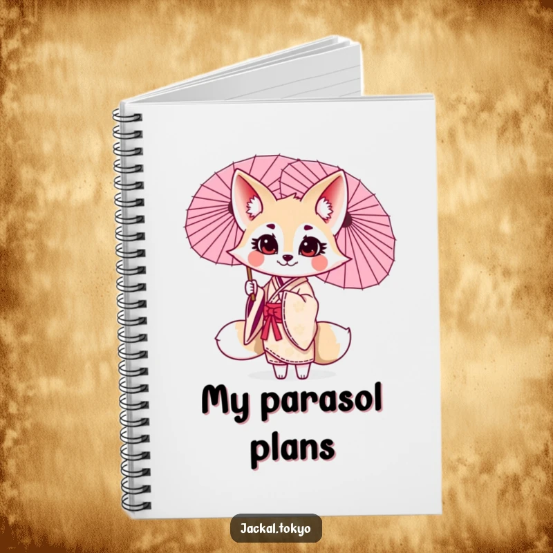Funny kawaii jackal notebook, twirling a parasol, elegant kimono, cute journal, lined pages.