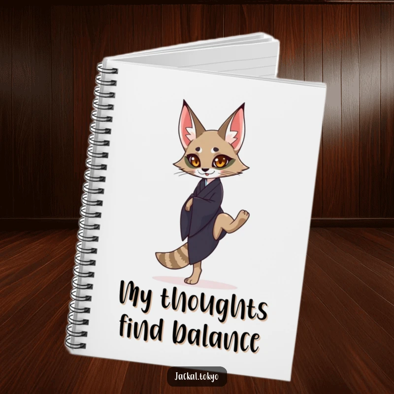 Funny graceful jackal in a dark kimono balancing on one leg, depicted on a notebook cover, encouraging elegant writing.