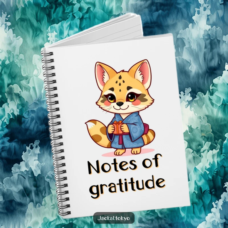 Funny charming jackal in an ornate blue kimono offering a small gift, depicted on a notebook cover, encouraging thoughtful writing.