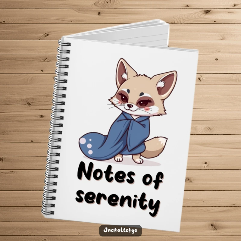 Funny notebook featuring a kawaii jackal gracefully bowing in a flowing indigo kimono, perfect for jotting notes with Eastern flair.