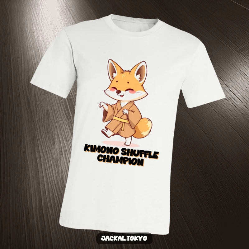 Funny Jackal Kimono Dance T-Shirt: A lively jackal in a brown kimono captured mid-shuffle, showcasing a hilarious and energetic dance.