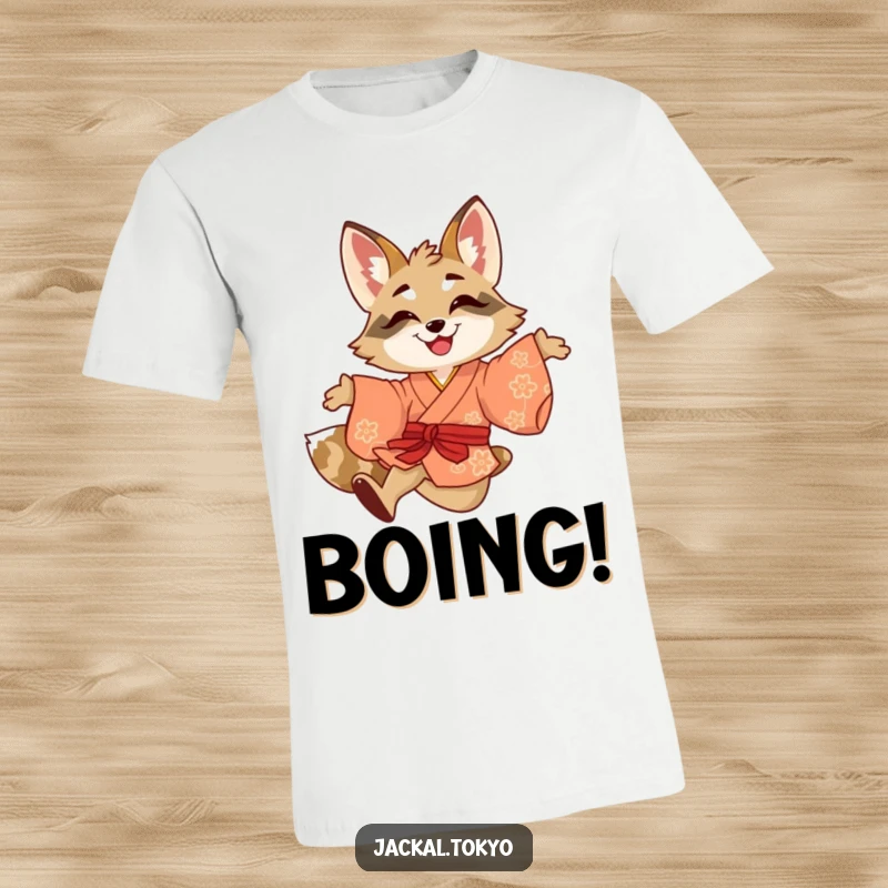 Funny t-shirt showcasing a smiling jackal mid-leap in a brightly colored kimono, radiating playful energy and happiness.