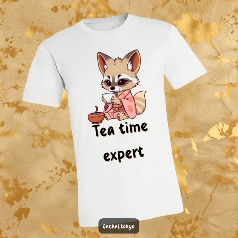 Funny Jackal T-Shirt: A jackal wearing a patterned kimono gracefully sips tea from a tiny cup, showcasing refined and amusing leisure.