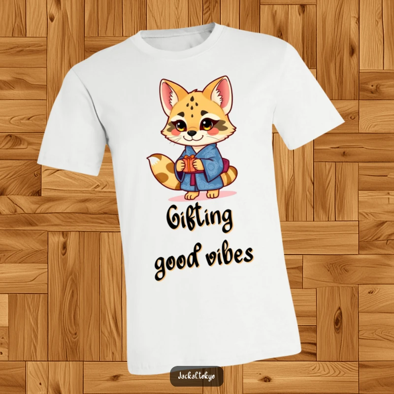 Funny charming jackal in an ornate blue kimono offering a small gift on a t-shirt, expressing thoughtful generosity.