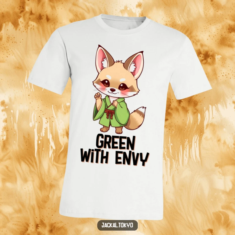 Funny Jackal T-Shirt: A cute jackal adorned in a stylish green kimono strikes a delightful and charming pose, exuding playful sophistication.