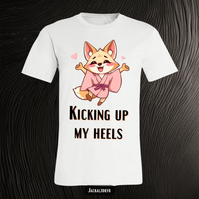 Funny happy jackal in a flowing pink kimono performing a celebratory leap on a t-shirt, showcasing pure elation.