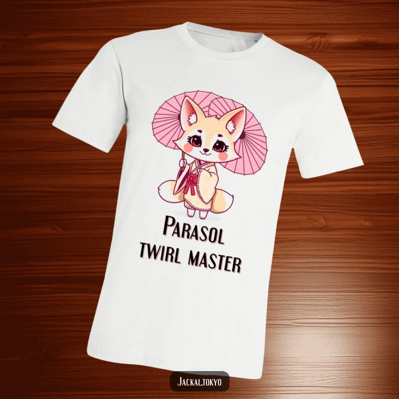 Funny kawaii jackal t-shirt, twirling a parasol, elegant kimono, playful expression, cute animal tee.