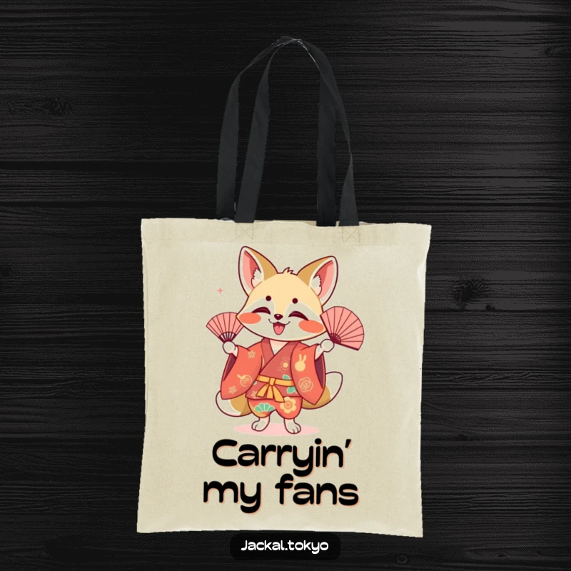 Funny kawaii jackal tote bag, performing a fan dance, colorful kimono, cute companion, stylish accessory.