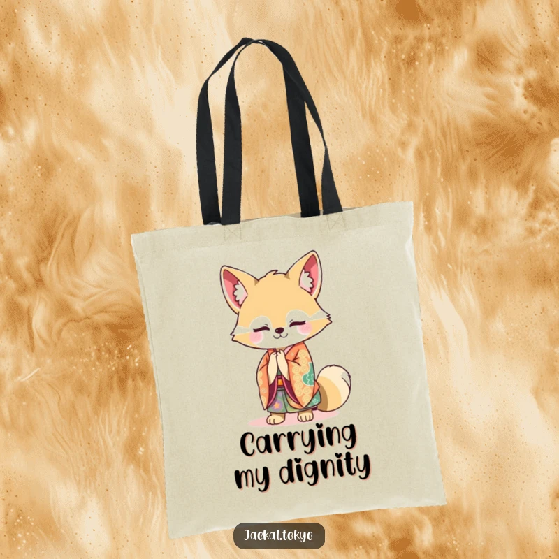 Funny Kawaii Jackal Tote Bag: Vibrant kimono jackal bowing gracefully, a stylish and funny gift for daily use.