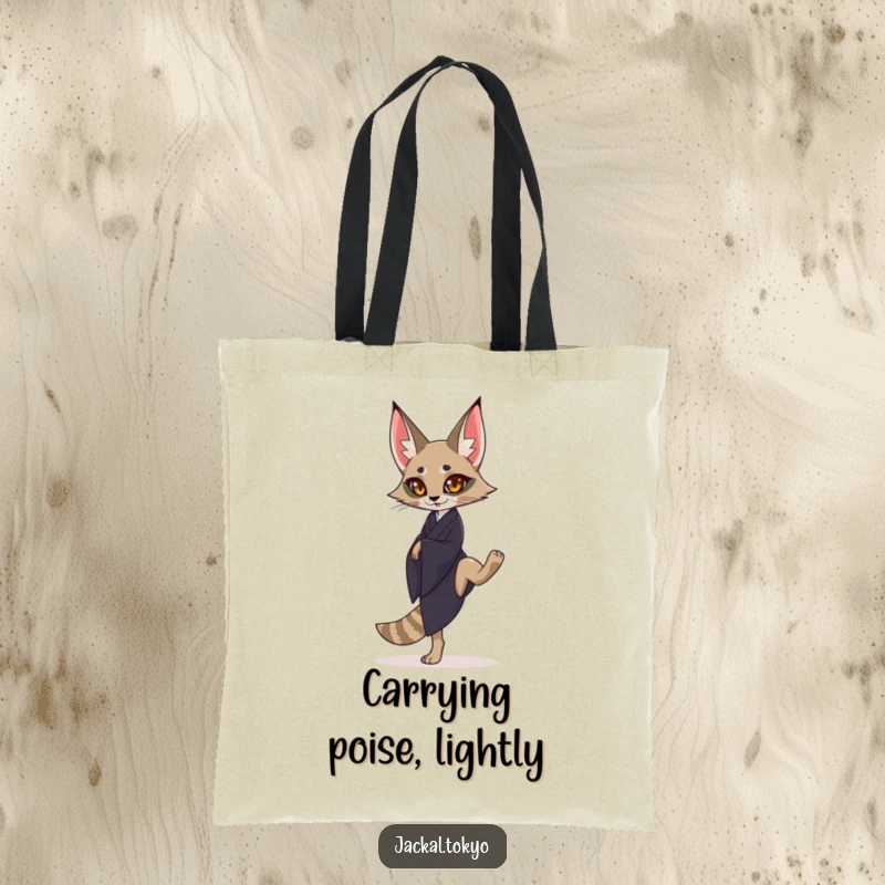 Funny graceful jackal in a dark kimono balancing on one leg on a tote bag, representing serene movement.