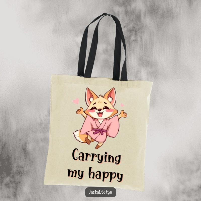 Funny happy jackal in a pink kimono captured mid-leap on a tote bag, embodying enthusiastic celebration.