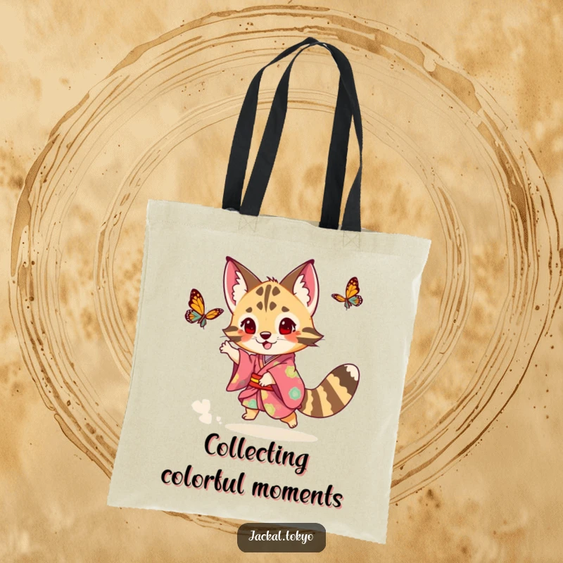Funny playful jackal in a colorful kimono chasing a butterfly on a tote bag, embodying spirited exploration.