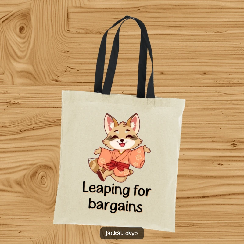 Funny tote bag featuring a smiling jackal playfully leaping in a brightly colored kimono, embodying energetic fun.